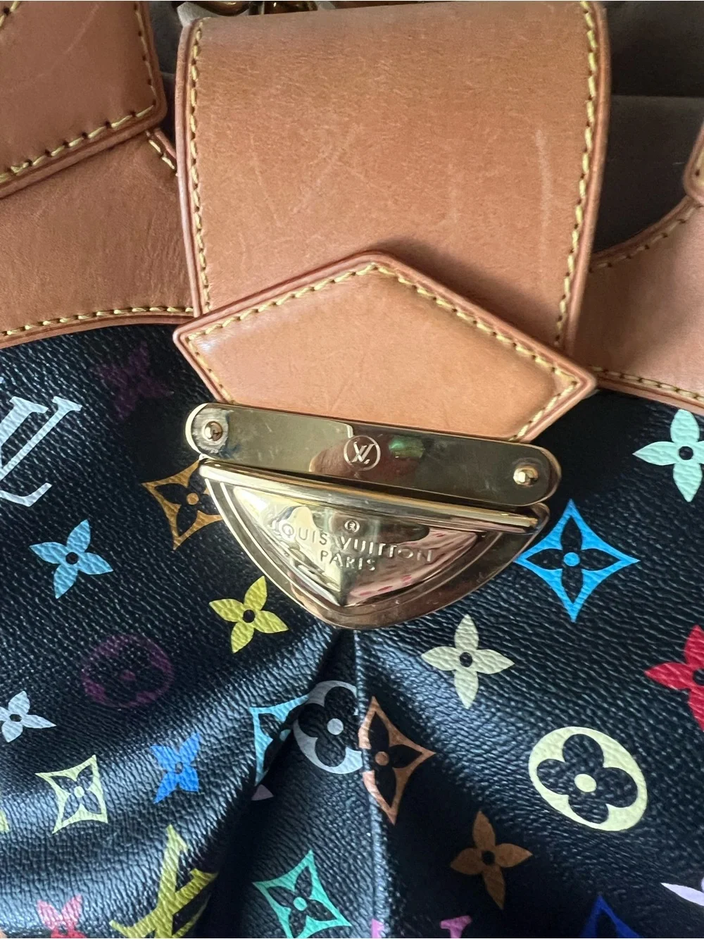 Louis Vuitton Ursela- Black Multicolor Monogram Shoulder Bag with Tan Trim - Picture 2 of 13